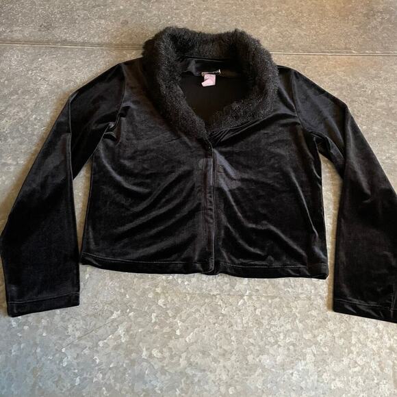 Vintage 90s Y2K Girly Girl Faux Fur Velour Cardigan Sweater Small Black Velvet - Picture 1 of 10